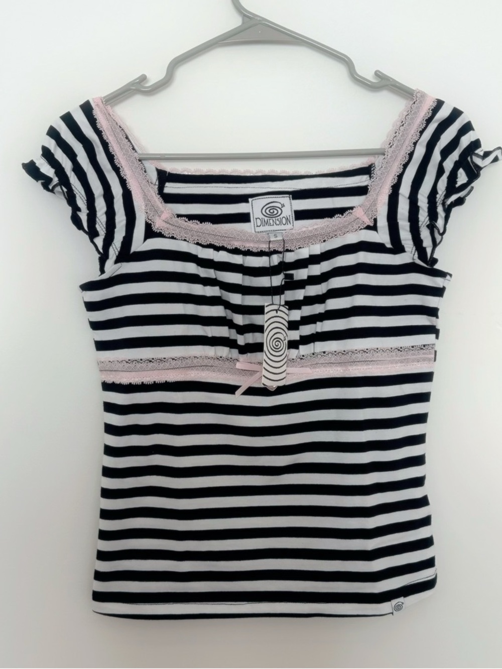 Sixth Dimension Beetle Tee- Striped Scoop Neck Top with Pink Lace Trim